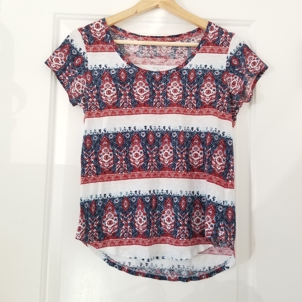 Lucky Brand Red White Blue Paisley Aztec Geometric Pattern Short Sleeve Top XS